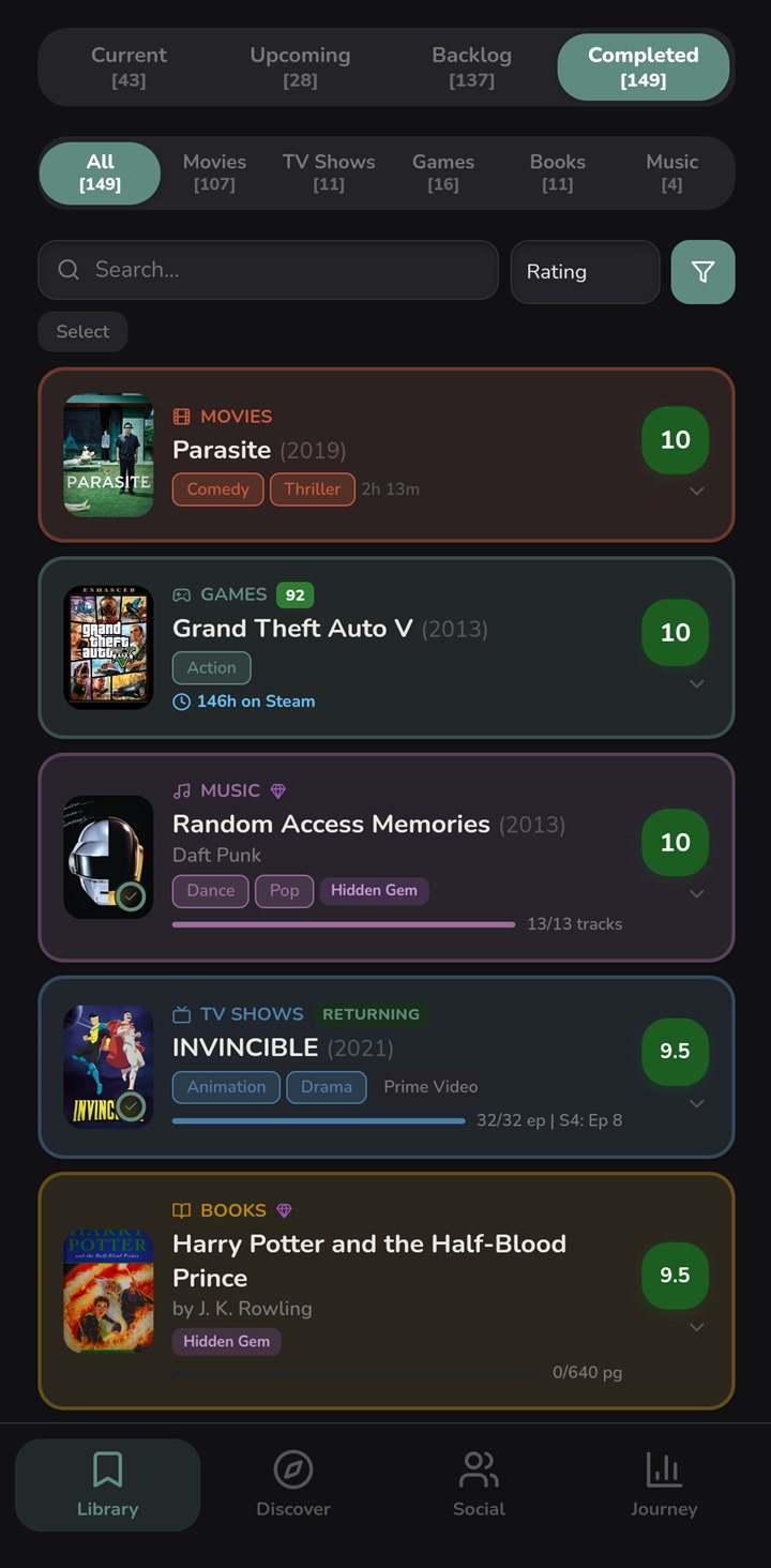 The Consu library filtered to Completed. Category tabs read Movies 107, TV Shows 11, Games 16, Books 11 and Music 4, above five finished items: Parasite, Grand Theft Auto V with 146 hours on Steam, Random Access Memories at 13 of 13 tracks, Invincible at 32 of 32 episodes, and Harry Potter and the Half-Blood Prince.