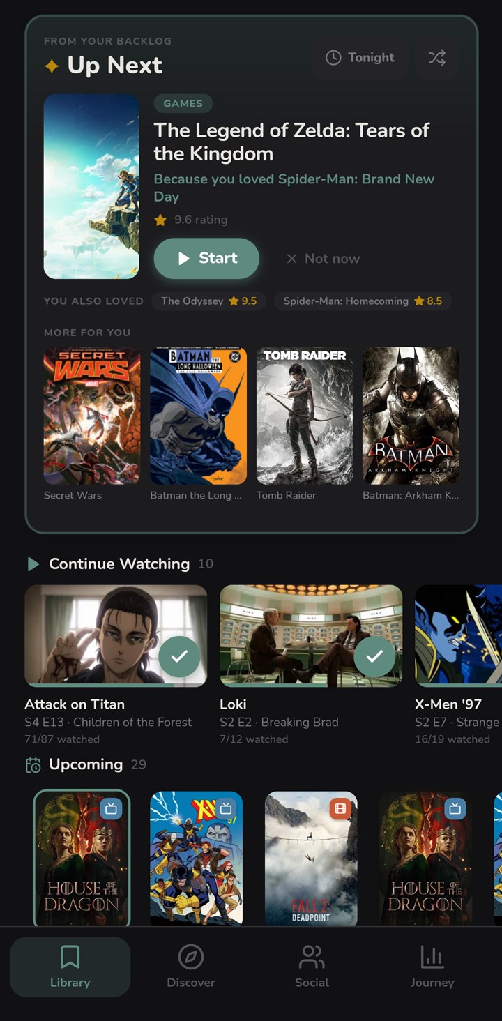 Consu's Up Next card recommending The Legend of Zelda: Tears of the Kingdom, 'Because you loved Spider-Man: Brand New Day', above the Continue Watching and Upcoming rails