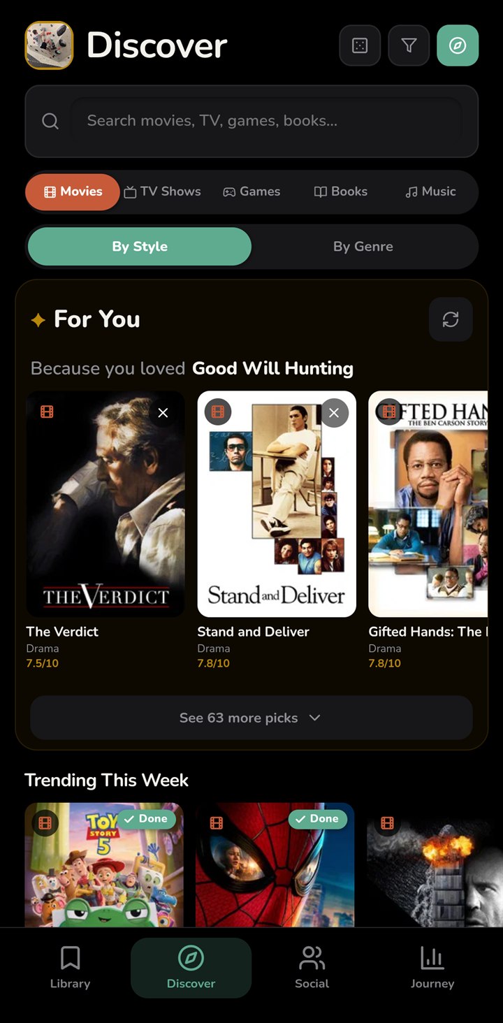 Consu's For You feed: three film recommendations under the heading 'Because you loved Good Will Hunting', each with its genre and rating