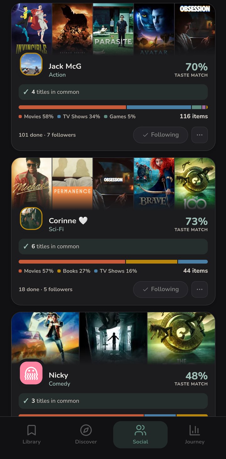 Consu's Explore tab: people ranked by taste match, each card showing the titles you have in common and a breakdown of their library by category