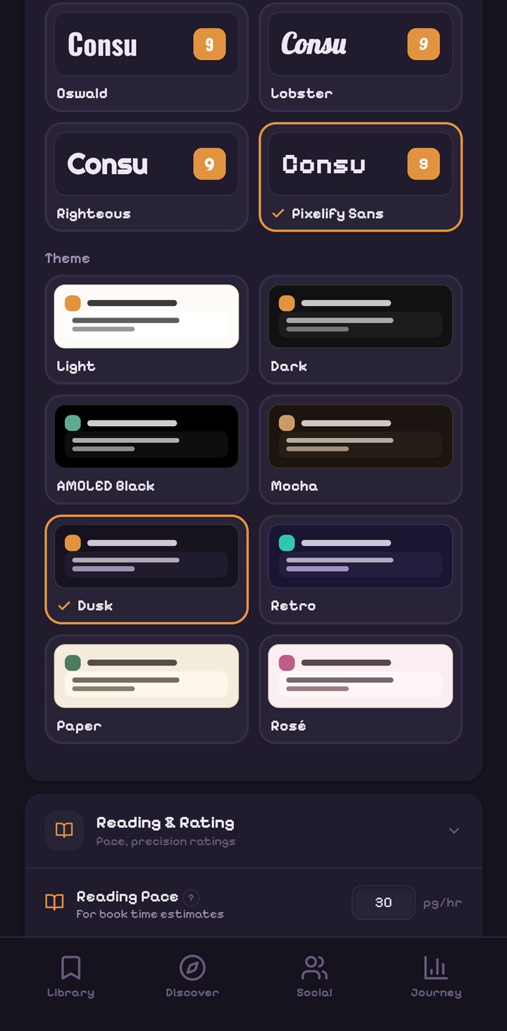 Consu's appearance settings: font choices above the theme picker, the Light and Dark bases and the six premium full-palette themes, AMOLED Black, Mocha, Dusk, Retro, Paper and Rosé