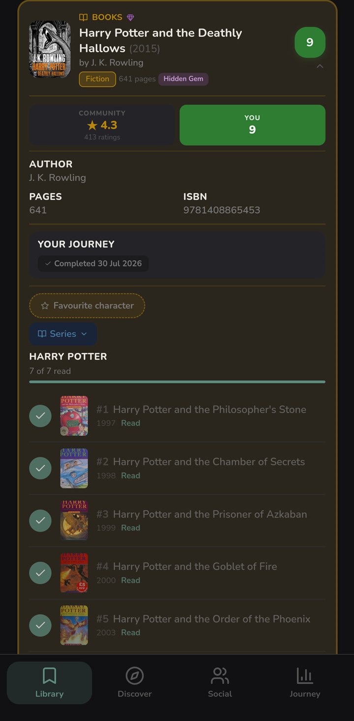 The Harry Potter and the Deathly Hallows detail screen: 641 pages, completed 30 July 2026, and a Harry Potter series shelf reading 7 of 7 read, with the first five books ticked.