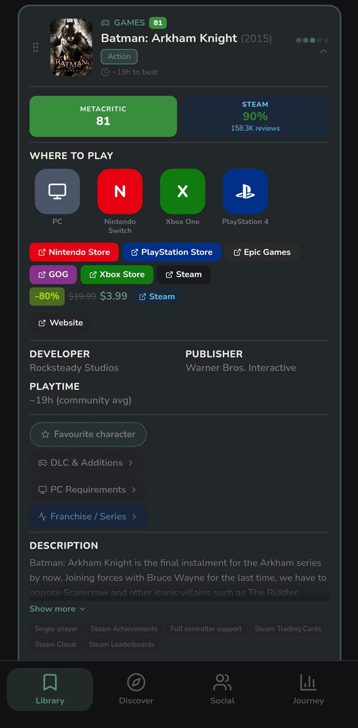 The Batman: Arkham Knight detail screen. Metacritic 81 and Steam 90% sit above a Where to Play row of PC, Nintendo Switch, Xbox One and PlayStation 4, six store links, and a Steam price of $3.99, down 80% from $19.99.
