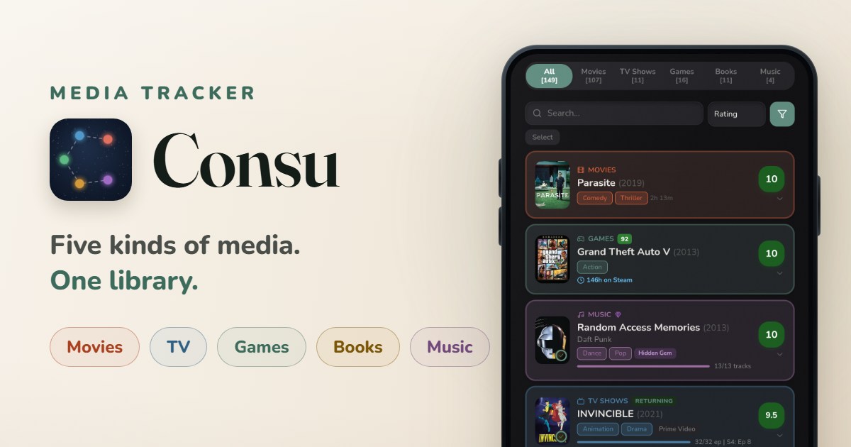 Consu's feature graphic: the wordmark and icon beside the line 'Five kinds of media. One library.', with pills for Movies, TV, Games, Books and Music, and the library screen on a phone